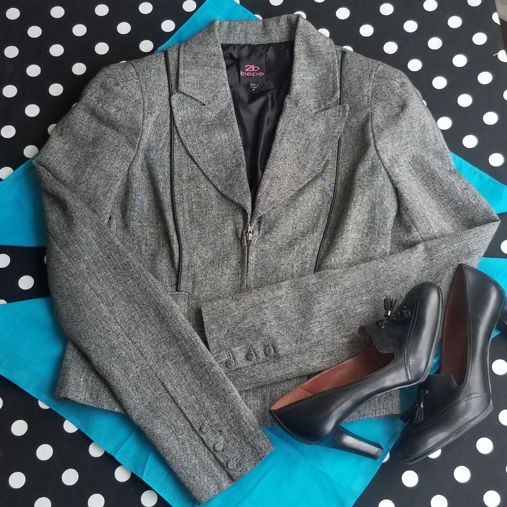 2B BEBE Tweed Blazer/Jacket with leather trim